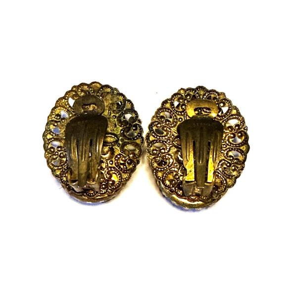 Vintage West Germany Black Glass Cameo Clip On Earrings Filigree Faux Pearl - Picture 3 of 6